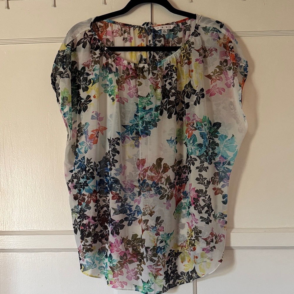 CAbi Sheer Floral Cap-Sleeve Blouse in White Multicolor